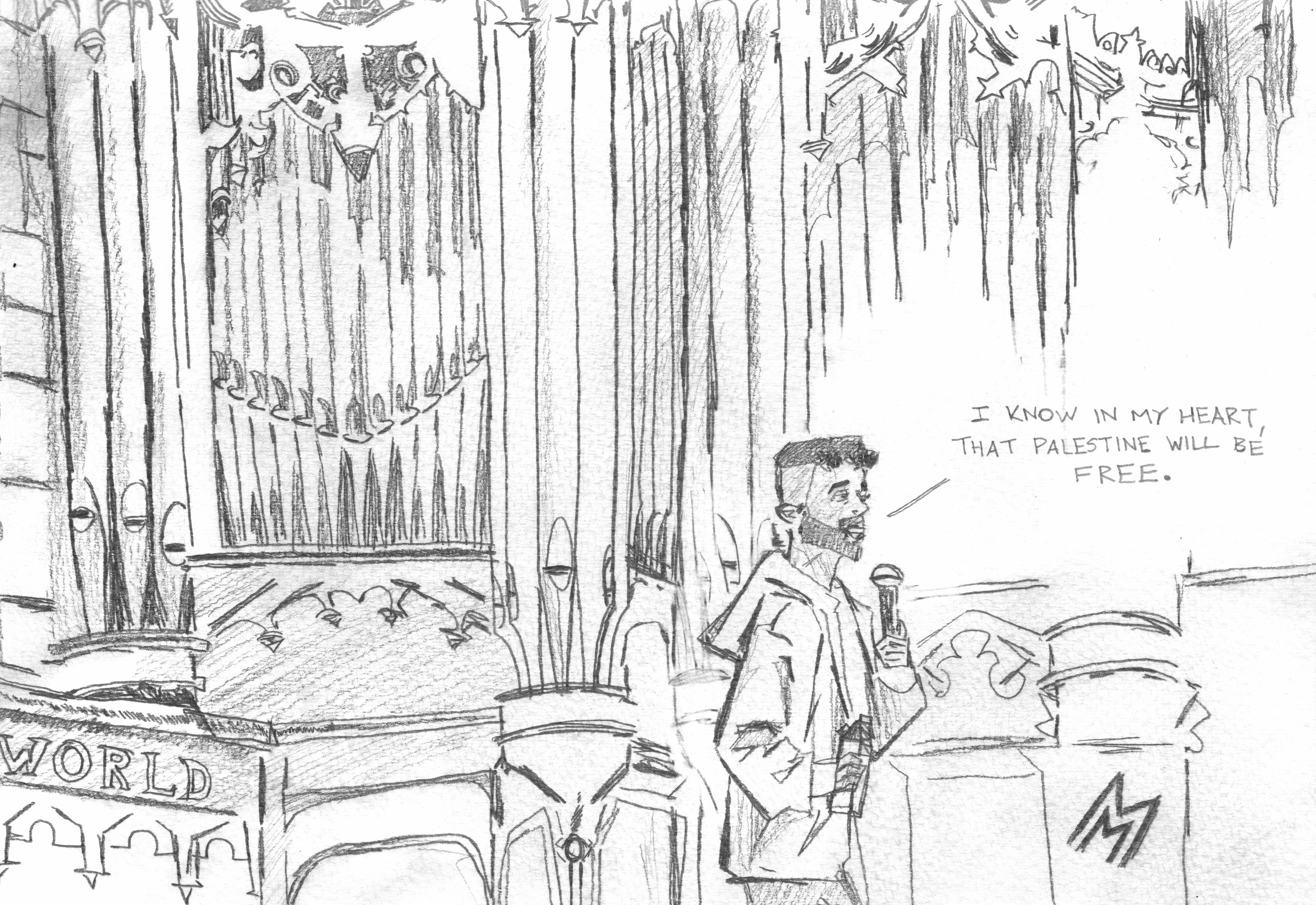 Palestinian-Lebanese comedian Sammy Obeid at WashU's Graham Chapel in 2025.